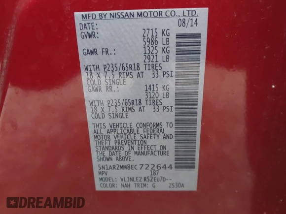 2014 Nissan Pathfinder S z VIN 5N1AR2MM8EC722644, wystawiony jako IAAI lot #41986680 z przebiegiem 148 215 mil mil oraz . Historia ofert i sprzedaży dostępna na DreamBid. Obrazek 9.