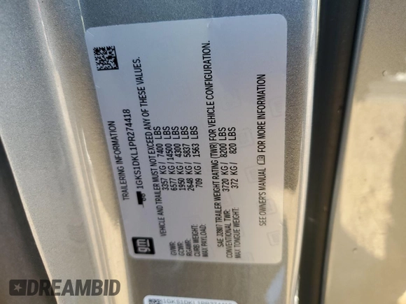 2023 GMC Yukon Denali with VIN 1GKS1DKL1PR274418, listed as a Copart auction lot 48472555 with 23,442 mi miles and Salvage Title. Bid and sale history available at carsss.com. Image 14.