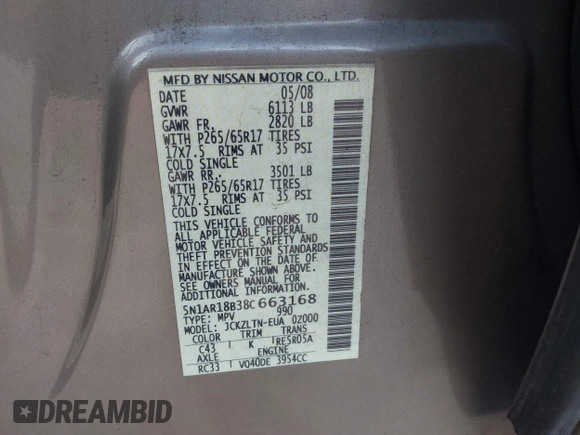 2008 Nissan Pathfinder S z VIN 5N1AR18B38C663168, wystawiony jako IAAI lot #41779271 z przebiegiem 137 464 mil mil oraz . Historia ofert i sprzedaży dostępna na DreamBid. Obrazek 9.