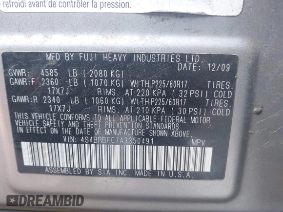 2010 Subaru Outback Premium All-Weather Anniversary with VIN 4S4BRBFC7A3350491, listed as a IAAI auction lot 41645737 with 143,655 mi miles and . Bid and sale history available at DreamBid. Image 9.