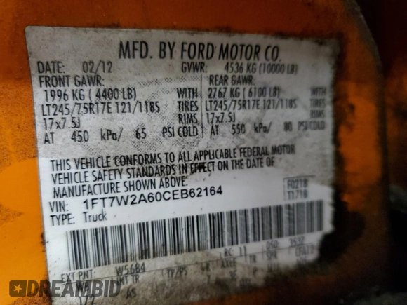 2012 Ford F-250 XL with VIN 1FT7W2A60CEB62164, listed as a Copart auction lot 62677155 with 243,849 mi miles and Clean title. Bid and sale history available at DreamBid. Image 12.