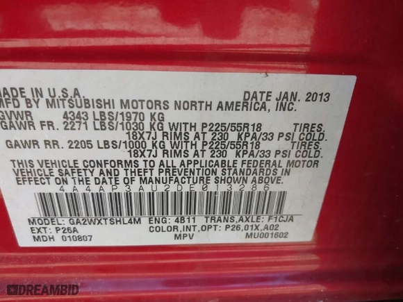 2013 Mitsubishi Outlander Sport ES with VIN 4A4AP3AU2DE013286, listed as a IAAI auction lot 41809398 with 245,254 mi miles. Bid and sale history available at carsss.com. Image 9.
