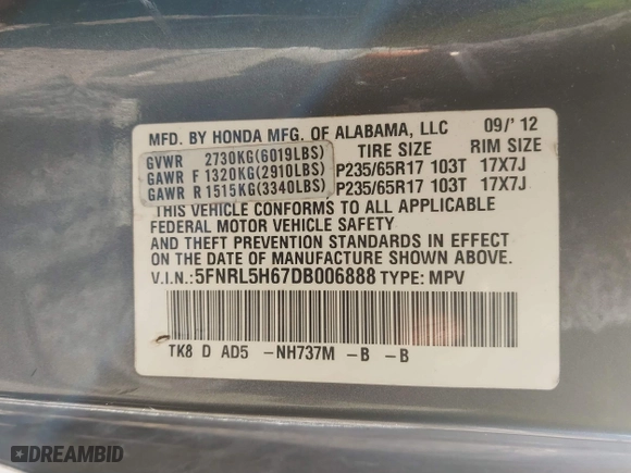2013 Honda Odyssey EX-L with VIN 5FNRL5H67DB006888, listed as a IAAI auction lot 41246765 with 182,019 mi miles. Bid and sale history available at carsss.com. Image 9.