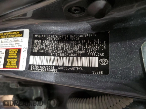 2010 Toyota Avalon XL with VIN 4T1BK3DB3AU360692, listed as a Copart auction lot 54888765 with 139,878 mi miles and Salvage Title. Bid and sale history available at carsss.com. Image 12.