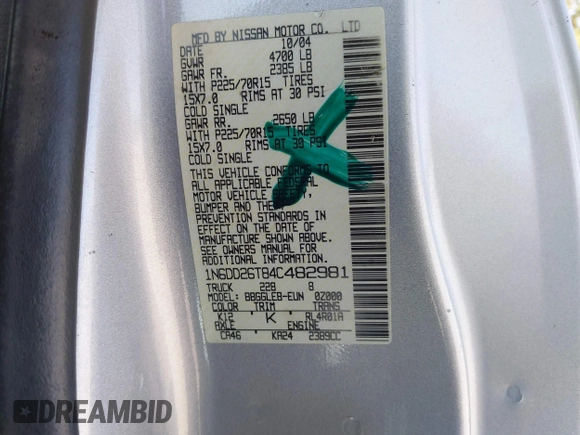 2004 Nissan Frontier XE with VIN 1N6DD26T84C482981, listed as a IAAI auction lot 42619924 with 163,032 mi miles and . Bid and sale history available at DreamBid. Image 9.