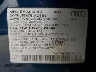 2019 Audi e-tron Prestige with VIN WA1VABGE2KB010143, listed as a Copart auction lot 52039045 with 62,991 mi miles and Salvage Title. Bid and sale history available at DreamBid. Image 12.