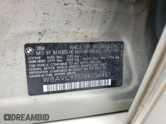 2008 BMW 3 Series 328xi z VIN WBAVC93578K056457, wystawiony jako Copart lot #57771205 z przebiegiem 172 843 mil mil oraz Czysty tytuł • Clean title. Historia ofert i sprzedaży dostępna na DreamBid. Obrazek 12.