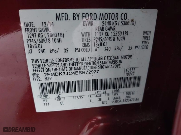2014 Ford Edge SEL with VIN 2FMDK3JC4EBB72927, listed as a IAAI auction lot 41867460 with 158,444 mi miles. Bid and sale history available at carsss.com. Image 9.