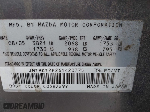 2006 Mazda 3 i with VIN JM1BK12F261420775, listed as a IAAI auction lot 42031576 with 145,530 mi miles. Bid and sale history available at carsss.com. Image 9.