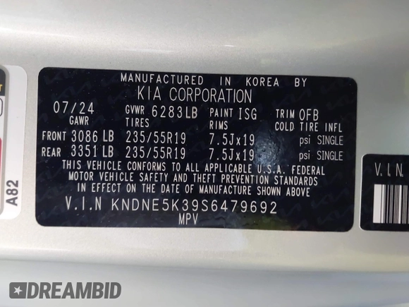 2025 Kia Carnival SX Prestige with VIN KNDNE5K39S6479692, listed as a IAAI auction lot 41649434 with 5,716 mi miles and . Bid and sale history available at carsss.com. Image 9.