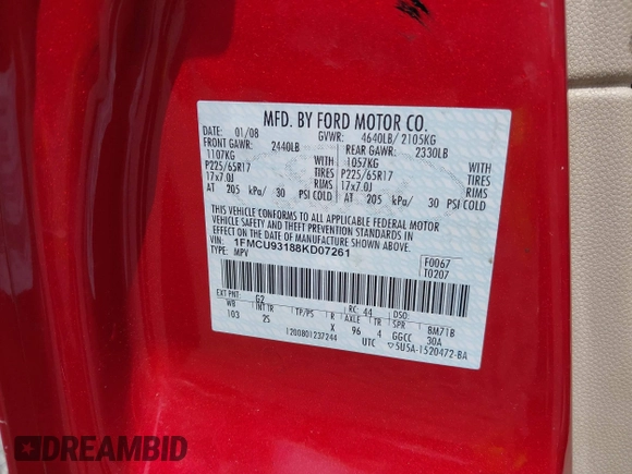 2008 Ford Escape XLT with VIN 1FMCU93188KD07261, listed as a IAAI auction lot 42633109 with 250,178 mi miles and . Bid and sale history available at DreamBid. Image 9.