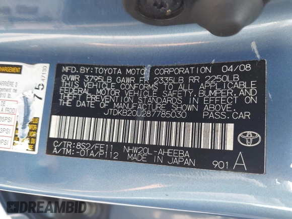 2008 Toyota Prius with VIN JTDKB20U287785030, listed as a IAAI auction lot 41858766 with 1 mi miles. Bid and sale history available at carsss.com. Image 9.