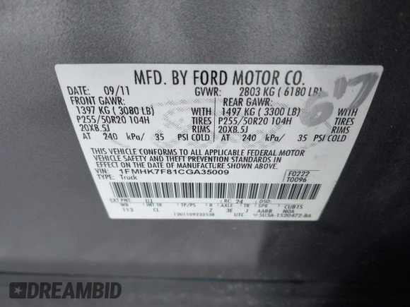 2012 Ford Explorer Limited с VIN 1FMHK7F81CGA35009, выставлен на аукционе IAAI как лот 42558314 с пробегом 185 564 миль миль и . История ставок и продаж доступна на DreamBid. Изображение 9.