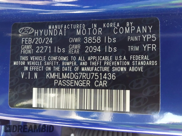 2024 Hyundai Elantra SEL with VIN KMHLM4DG7RU751436, listed as a IAAI auction lot 41882763 with 11,447 mi miles and . Bid and sale history available at DreamBid. Image 9.
