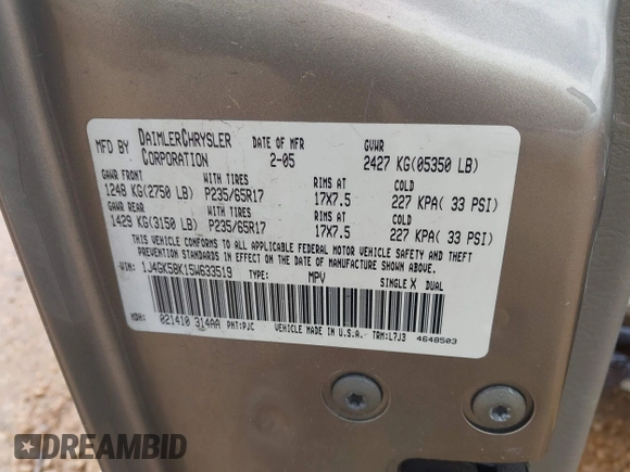 2005 Jeep Liberty Limited with VIN 1J4GK58K15W633519, listed as a IAAI auction lot 42240372 with 189,926 mi miles and . Bid and sale history available at DreamBid. Image 9.