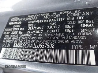 2020 Hyundai Kona SEL Plus with VIN KM8K6CAA1LU557508, listed as a IAAI auction lot 41603655 with 84,257 mi miles and . Bid and sale history available at carsss.com. Image 9.