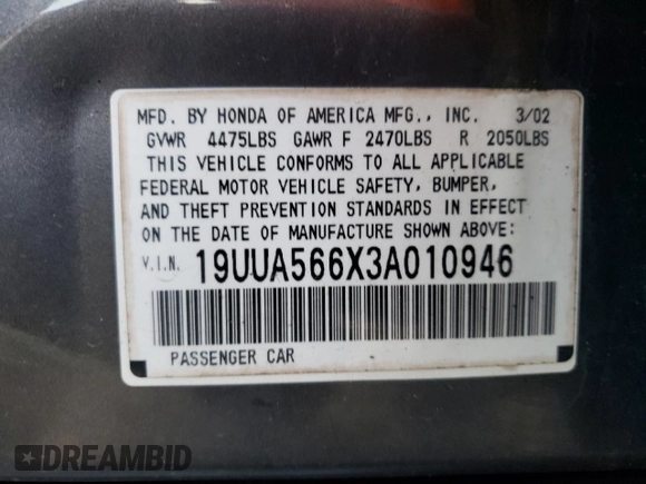 2003 Acura TL with VIN 19UUA566X3A010946, listed as a Copart auction lot 64987554 with 177,235 mi miles and Non Repairable. Bid and sale history available at carsss.com. Image 12.