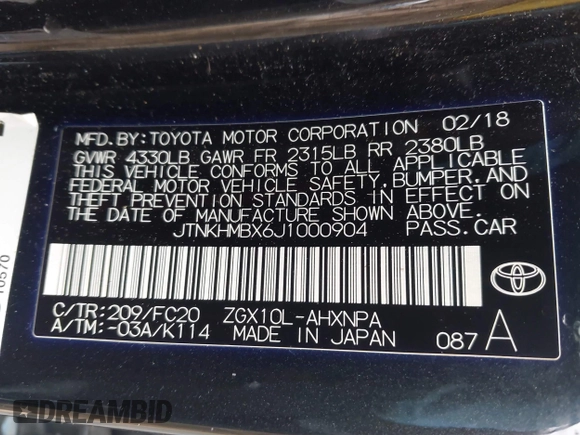 2018 Toyota C-HR XLE with VIN JTNKHMBX6J1000904, listed as a IAAI auction lot 42513117 with 77,192 mi miles and . Bid and sale history available at DreamBid. Image 9.
