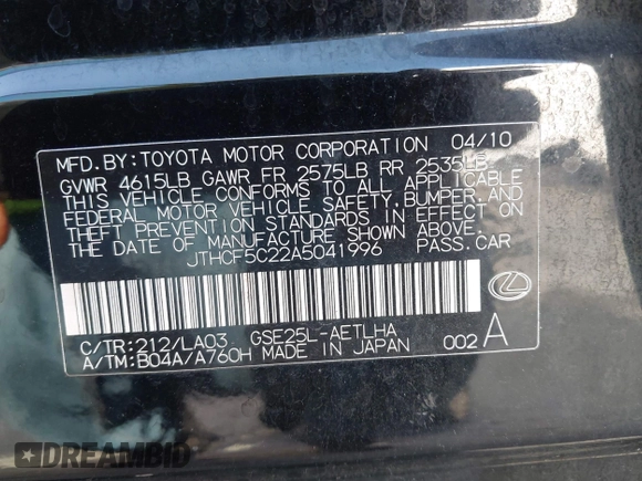 2010 Lexus IS 250 with VIN JTHCF5C22A5041996, listed as a IAAI auction lot 41997913 with 168,142 mi miles and . Bid and sale history available at carsss.com. Image 9.