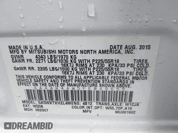 2015 Mitsubishi Outlander GT with VIN 4A4AR4AW5FE049655, listed as a IAAI auction lot 42352679 with 160,393 mi miles and . Bid and sale history available at DreamBid. Image 9.