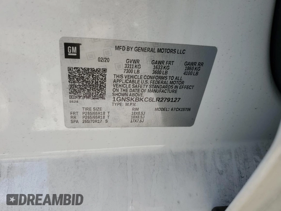 2020 Chevrolet Tahoe LT with VIN 1GNSKBKC6LR279127, listed as a Copart auction lot 59990495 with 102,224 mi miles and Non repairable. Bid and sale history available at DreamBid. Image 14.