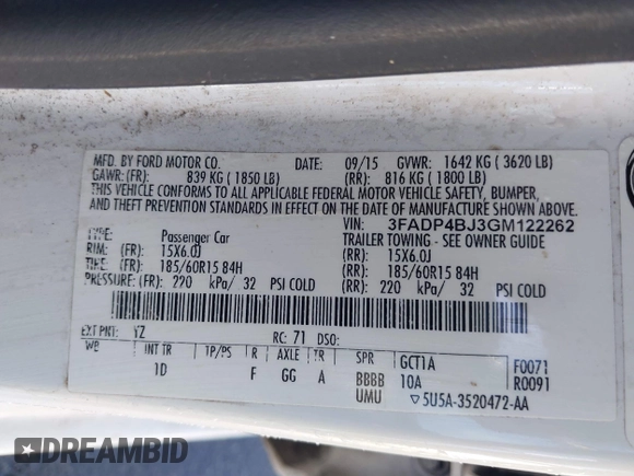 2016 Ford Fiesta SE with VIN 3FADP4BJ3GM122262, listed as a IAAI auction lot 41760654 with 111,438 mi miles and . Bid and sale history available at DreamBid. Image 9.