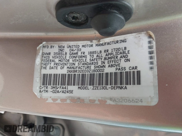 2003 Toyota Corolla CE with VIN 1NXBR32E03Z180002, listed as a IAAI auction lot 41742748 with 227,112 mi miles and . Bid and sale history available at DreamBid. Image 9.