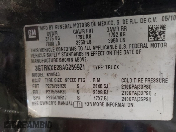 2010 GMC Sierra 1500 Denali z VIN 3GTRKXE28AG259921, wystawiony jako Copart lot #73592214 z przebiegiem 156 378 mil mil oraz Szkoda całkowita • Salvage title. Historia ofert i sprzedaży dostępna na DreamBid. Obrazek 14.