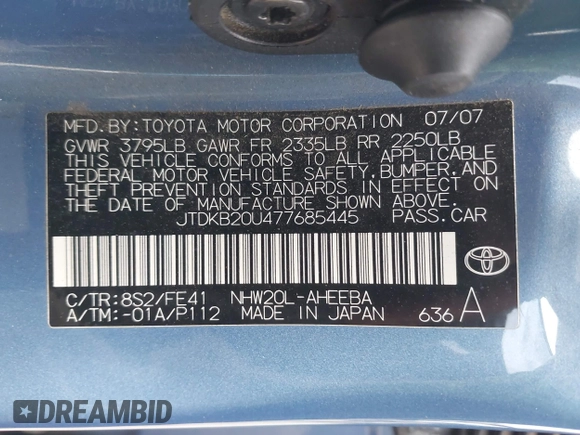 2007 Toyota Prius with VIN JTDKB20U477685445, listed as a IAAI auction lot 42020786 with 243,679 mi miles. Bid and sale history available at carsss.com. Image 9.