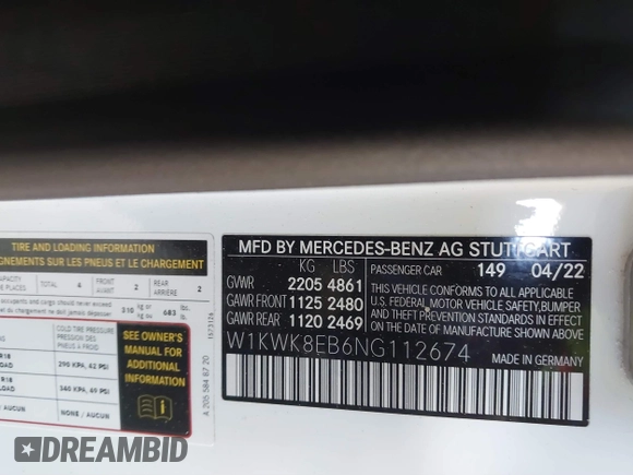 2022 Mercedes-Benz C 300 with VIN W1KWK8EB6NG112674, listed as a IAAI auction lot 41773696 with 26,242 mi miles and . Bid and sale history available at DreamBid. Image 9.