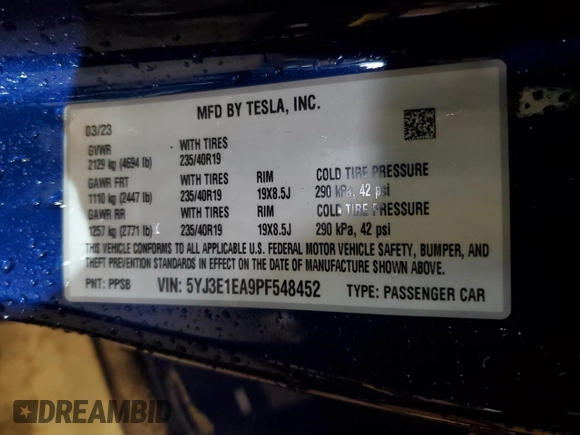 2023 Tesla Model 3 z VIN 5YJ3E1EA9PF548452, wystawiony jako Copart lot #44771515 z przebiegiem 19 903 mil mil oraz Szkoda całkowita • Salvage title. Historia ofert i sprzedaży dostępna na DreamBid. Obrazek 15.