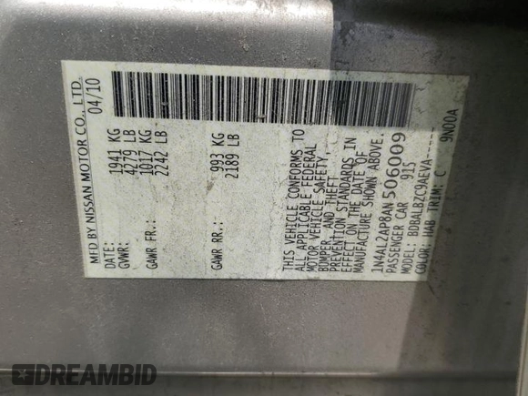 2010 Nissan Altima S z VIN 1N4AL2AP8AN506009, wystawiony jako Copart lot #57667145 z przebiegiem 130 915 mil mil oraz Szkoda całkowita • Salvage title. Historia ofert i sprzedaży dostępna na DreamBid. Obrazek 12.