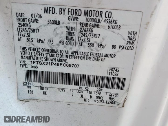 2006 Ford F-250 XL with VIN 1FTSX21P46EC69707, listed as a Copart auction lot 60047965 with Not provided miles and Salvage title. Bid and sale history available at DreamBid. Image 12.