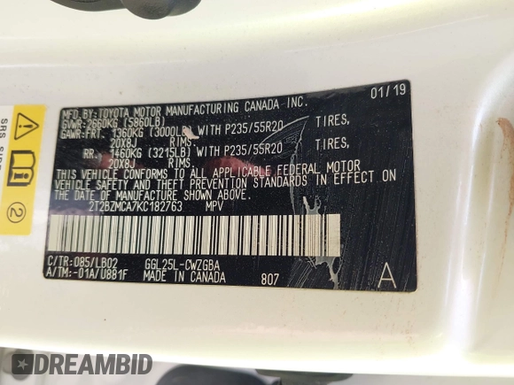 2019 Lexus RX 350 with VIN 2T2BZMCA7KC182763, listed as a IAAI auction lot 42418779 with 82,254 mi miles and . Bid and sale history available at DreamBid. Image 9.