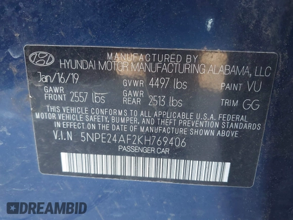 2019 Hyundai Sonata SE with VIN 5NPE24AF2KH769406, listed as a IAAI auction lot 40735632 with 76,127 mi miles and . Bid and sale history available at DreamBid. Image 9.
