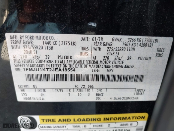 2018 Ford Expedition Limited with VIN 1FMJU1KT2JEA18554, listed as a IAAI auction lot 41754552 with 196,780 mi miles. Bid and sale history available at carsss.com. Image 9.