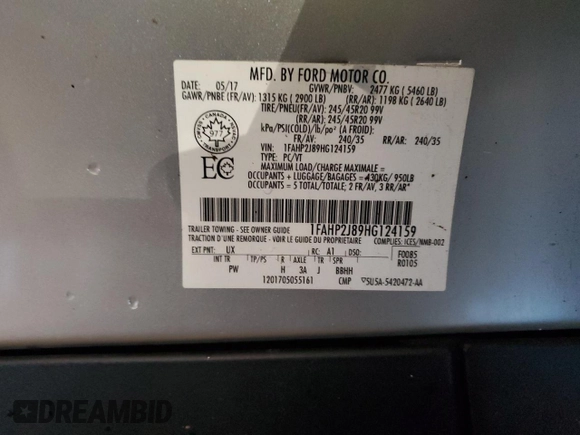 2017 Ford Taurus Limited with VIN 1FAHP2J89HG124159, listed as a Copart auction lot 85049274 with 201,508 mi miles and Salvage Title. Bid and sale history available at DreamBid. Image 12.