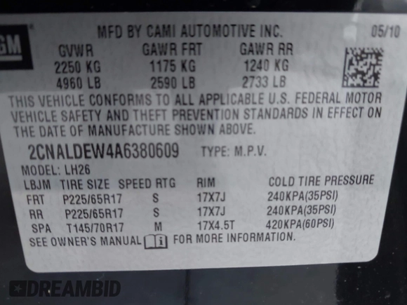 2010 Chevrolet Equinox LT w/1LT with VIN 2CNALDEW4A6380609, listed as a IAAI auction lot 42152320 with 192,111 mi miles. Bid and sale history available at carsss.com. Image 9.