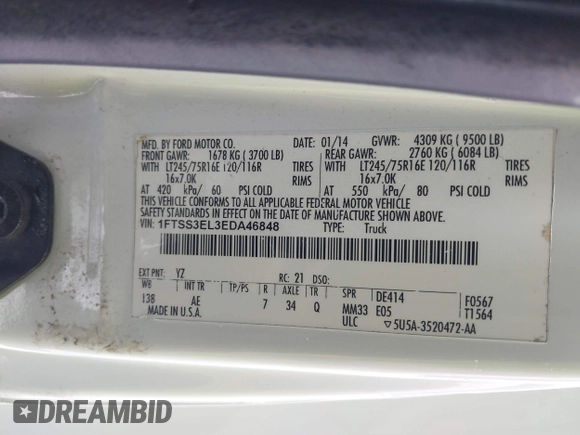 2014 Ford Econoline Cargo Commercial with VIN 1FTSS3EL3EDA46848, listed as a IAAI auction lot 41259625 with 106,293 mi miles and . Bid and sale history available at DreamBid. Image 9.