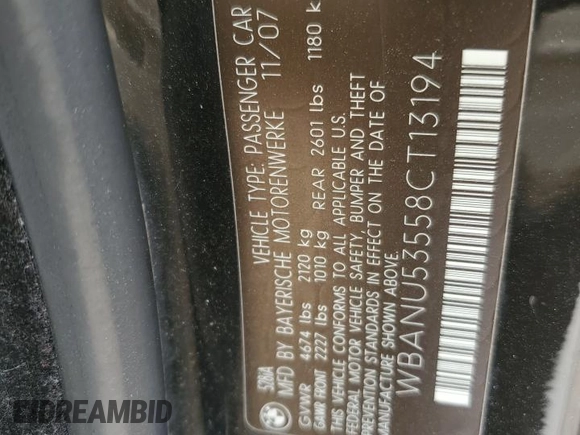 2008 BMW 5 Series 528i with VIN WBANU53558CT13194, listed as a Copart auction lot 51382785 with 178,266 mi miles and Salvage Title. Bid and sale history available at carsss.com. Image 12.