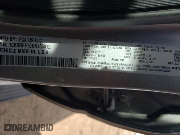 2022 Ram 1500 Big Horn with VIN 1C6SRFFT0NN135872, listed as a Copart auction lot 67926764 with 26,976 mi miles and Salvage title. Bid and sale history available at DreamBid. Image 12.