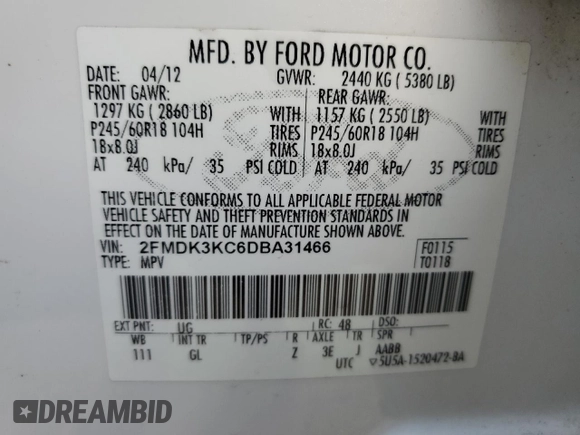 2013 Ford Edge Limited z VIN 2FMDK3KC6DBA31466, wystawiony jako Copart lot #52955975 z przebiegiem 167 932 mil mil oraz Nie do naprawy. Historia ofert i sprzedaży dostępna na DreamBid. Obrazek 14.