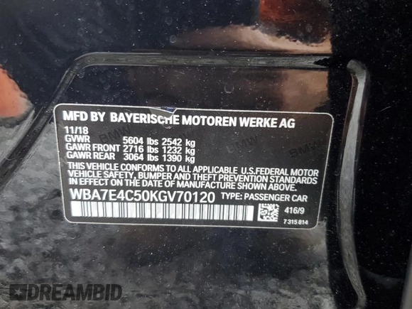 2019 BMW 7 Series 740i xDrive with VIN WBA7E4C50KGV70120, listed as a Copart auction lot 67268954 with 39,639 mi miles and Salvage Title. Bid and sale history available at DreamBid. Image 12.