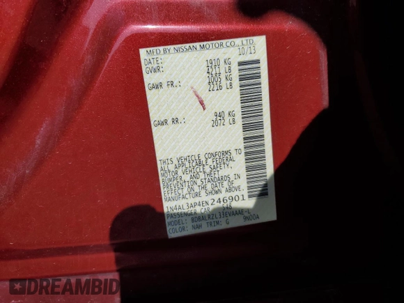 2014 Nissan Altima S with VIN 1N4AL3AP4EN246901, listed as a Copart auction lot 56168405 with 109,398 mi miles and Clean Title. Bid and sale history available at DreamBid. Image 12.