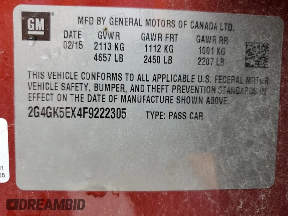 2015 Buick Regal with VIN 2G4GK5EX4F9222305, listed as a Copart auction lot 54950385 with 164,604 mi miles and Clean Title. Bid and sale history available at carsss.com. Image 12.