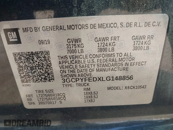 2020 Chevrolet Silverado 1500 LT Trail Boss with VIN 3GCPYFEDXLG148856, listed as a IAAI auction lot 41542925 with 131,119 mi miles. Bid and sale history available at carsss.com. Image 9.