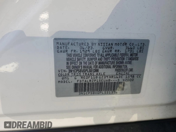 2023 Nissan Kicks S z VIN 3N1CP5BV0PL551396, wystawiony jako Copart lot #55051545 z przebiegiem 11 677 mil mil oraz Nie do naprawy • Non repairable. Historia ofert i sprzedaży dostępna na DreamBid. Obrazek 14.