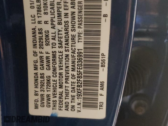 2015 Honda Civic EX z VIN 19XFB2F85FE036991, wystawiony jako Copart lot #48940105 z przebiegiem 115 427 mil mil oraz Szkoda całkowita • Salvage title. Historia ofert i sprzedaży dostępna na DreamBid. Obrazek 12.