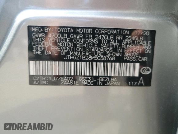 2021 Lexus IS 350 F Sport z VIN JTHGZ1B28M5038768, wystawiony jako Copart lot #57054545 z przebiegiem 36 358 mil mil oraz Szkoda całkowita • Salvage title. Historia ofert i sprzedaży dostępna na DreamBid. Obrazek 12.