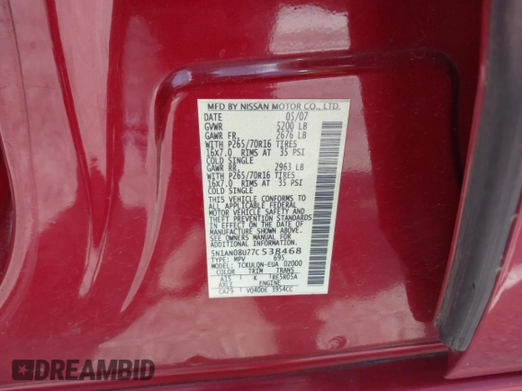 2007 Nissan Xterra SE z VIN 5N1AN08U77C538468, wystawiony jako IAAI lot #42278308 z przebiegiem 197 262 mil mil oraz . Historia ofert i sprzedaży dostępna na DreamBid. Obrazek 9.